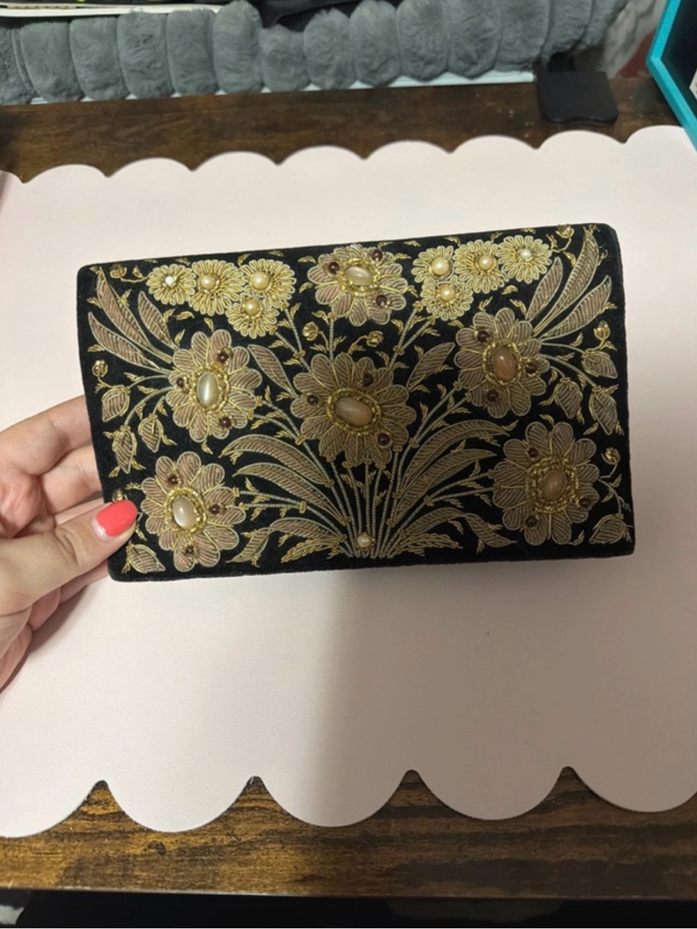 KANE-M Embroidered Black Clutch with Gold Floral Beading